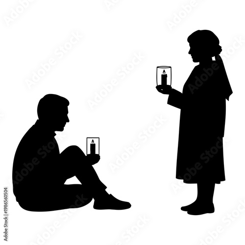 A solemn moment of candle lighting between two individuals in contemplative poses Vector, illustration
