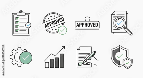 Business approval icons display checklist, approved stamp, document, gear, graph, pen, and shield with checkmarks.