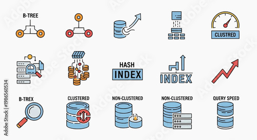 Database icons depicting various indexing methods and query speeds in technology