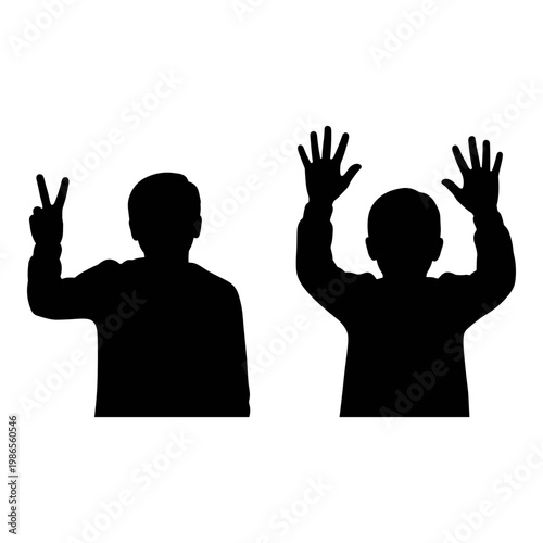 Two silhouettes making peace and victory hand gestures against a plain background Vector, illustration
