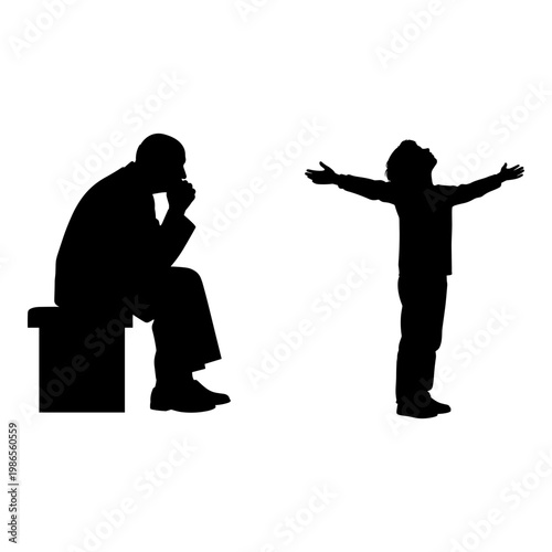 Contrast between contemplation and open-armed joy in silhouette form Vector, illustration