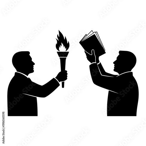 Symbolic exchange between knowledge and enlightenment depicted through torch and books Vector, illustration