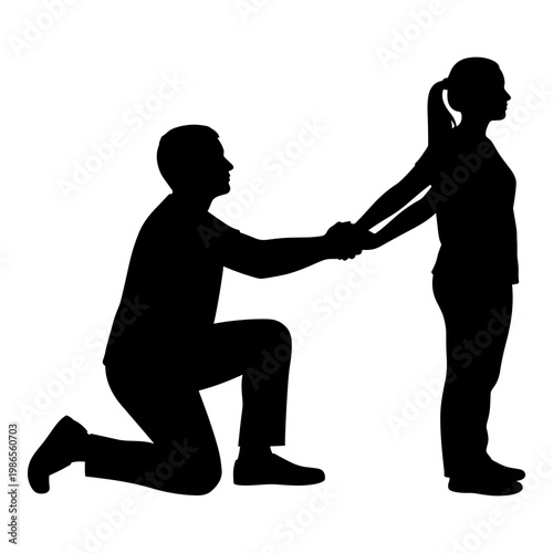 A person kneeling down offering a handshake to a standing individual Vector, illustration
