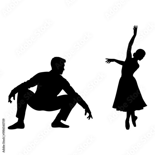 A poignant silhouette of a man sitting while a woman dances alone nearby Vector, illustration