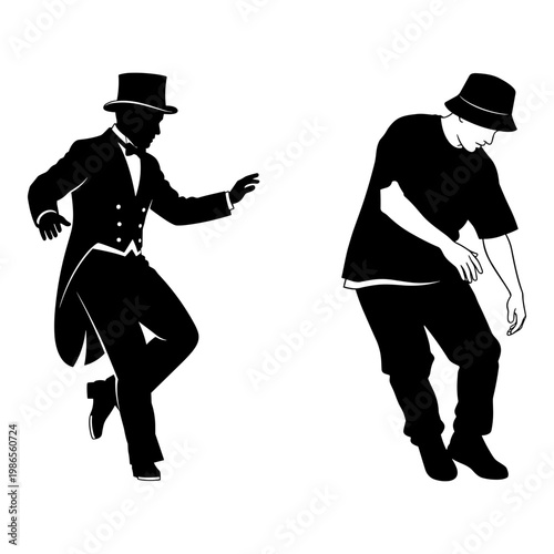 Vintage illustration of men dancing in contrasting styles Vector, illustration