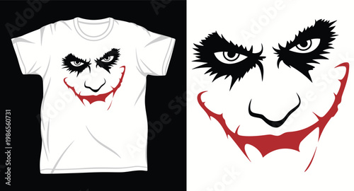 Minimalist clown face graphic vector with red smile for apparel print.