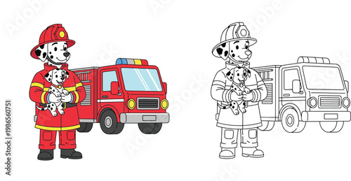 Dalmatian Firefighter Dog with Puppy and Fire Truck Vector Illustration and Coloring Page for Kids