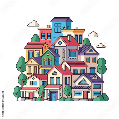 A colorful cartoon illustration of a suburban neighborhood (1)
