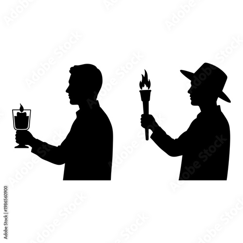Symbolic exchange of a torch and a drink between two silhouetted figures Vector, illustration