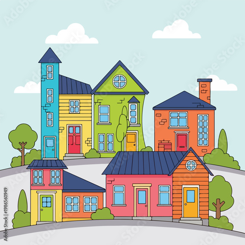 A colorful cartoon illustration of a suburban neighborhood (2)
