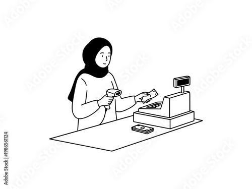 A black and white line art drawing of a female cashier in a hijab using a barcode scanner and handling cash at a store register.