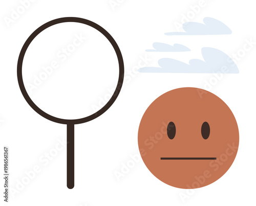 Research, exploration, self-discovery, emotions, clarity, analysis. A magnifying glass next to a neutral face with clouds in the background. Research and exploration concept
