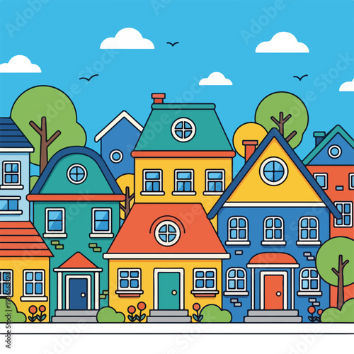 A colorful cartoon illustration of a suburban neighborhood