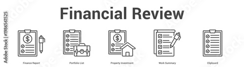 Financial Review web banner icon set vector illustration concept for business with icon of Finance Report, Portfolio List, Property Investment, W.