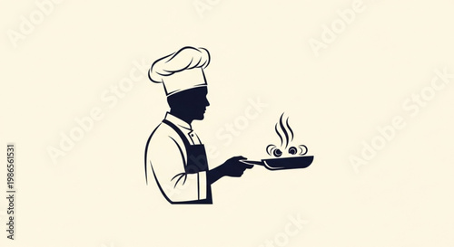 Silhouette of a chef in uniform holding a pan with steaming food, evoking culinary expertise and delicious cuisine
