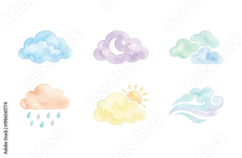 Watercolor cloud icons set isolated on white background hand drawn weather symbols
