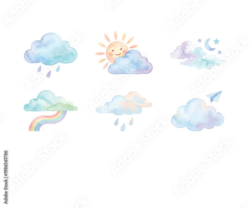 Watercolor Cloud Icons Set Soft Pastel Weather Elements