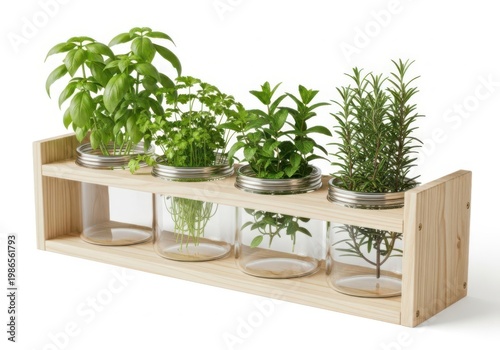 Basil parsley mint and rosemary growing in a wooden herb planter