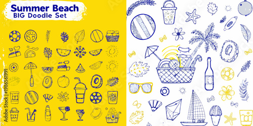 Summer themed doodle set with beach items and tropical fruits
