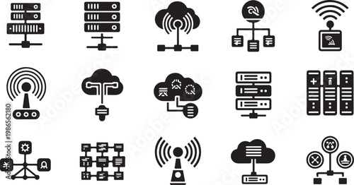 Black and white cloud computing icons set