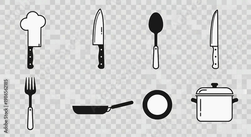 Comprehensive Set of Kitchen Utensils and Cookware Silhouettes for Culinary Designs and Food Preparation