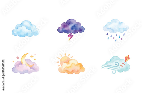 Watercolor weather and cloud icons set with sun moon rain and lightning on white background