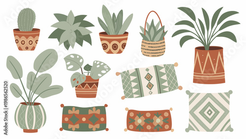 Stylized illustration of potted plants textiles and decorative home elements
