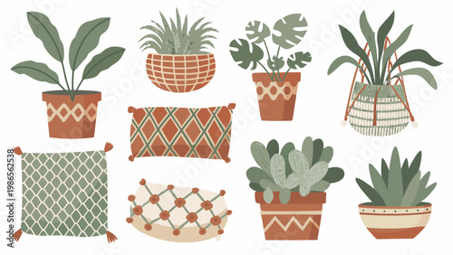 Stylized botanical illustration featuring potted plants and woven textiles