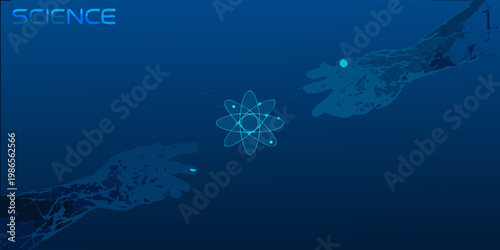 Hands reaching towards a glowing atomic structure representing scientific discovery