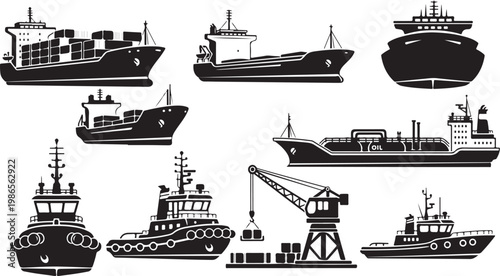 Collection of various cargo ships and tugboats icons