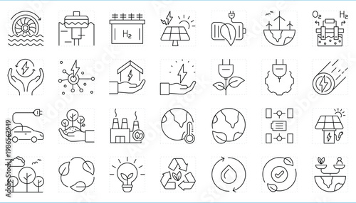 Renewable energy related editable stroke line icons set.