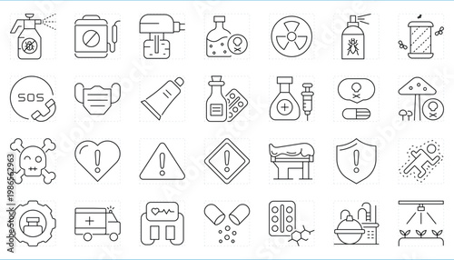 Poison related editable stroke line icons set.