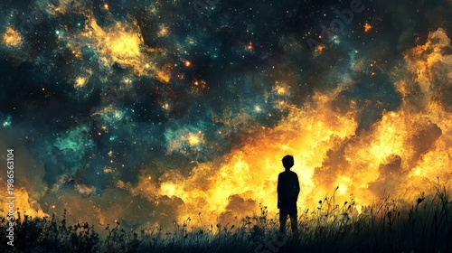 Child contemplating a fiery cosmos. Silhouette of a young person standing amidst a field, gazing at a vibrant, star-studded sky ablaze with golden and fiery colors