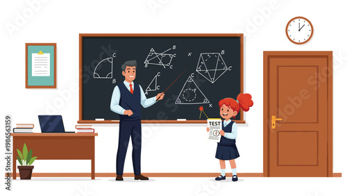 Male teacher uses a pointer to explain geometry on a blackboard to a young student holding a test paper in a bright school classroom.