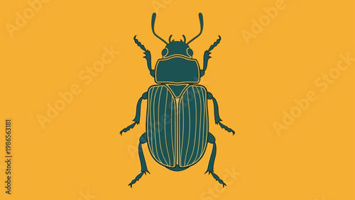 Detailed illustration of a green beetle with golden outlines centered on a solid mustard yellow background showcasing insect anatomy.