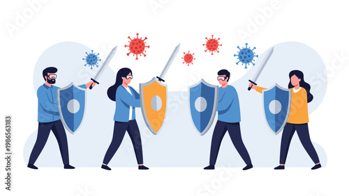 Brave group of people using swords and shields to fight against dangerous virus molecules in a conceptual battle for health and safety.