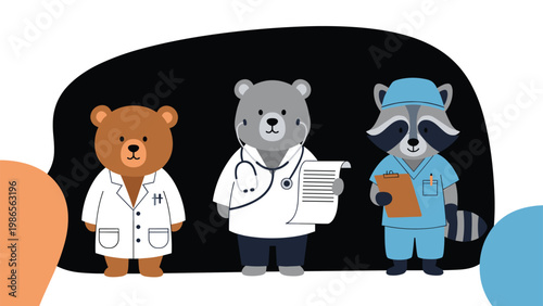 Cute animal characters including a brown bear, gray bear, and raccoon dressed as medical professionals with stethoscopes and clipboards.