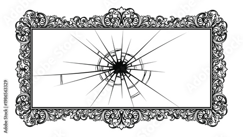 Black and white illustration of shattered glass with a central impact hole set inside a highly detailed vintage ornate frame.