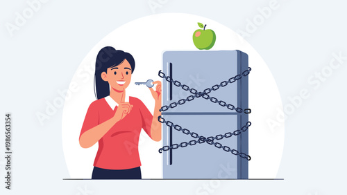 Woman holding key to locked refrigerator with green apple on top as metaphor for diet control and healthy eating habits.