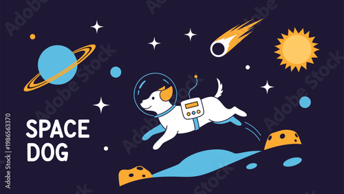 Whimsical illustration of an astronaut dog floating through outer space among planets stars and comets with space dog text.