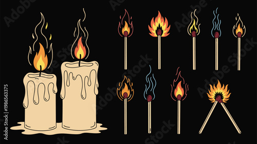 Collection of burning candles and lit matches in various stages of flame against a dark background for fire safety concepts.