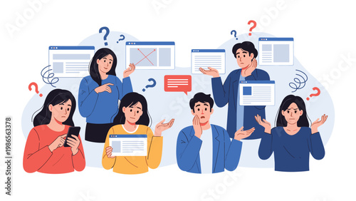 Group of people looking confused and overwhelmed while surrounded by multiple browser windows and floating question marks.