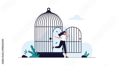 Concept of personal freedom and liberation with a woman running out of an open giant birdcage into a serene outdoor setting.