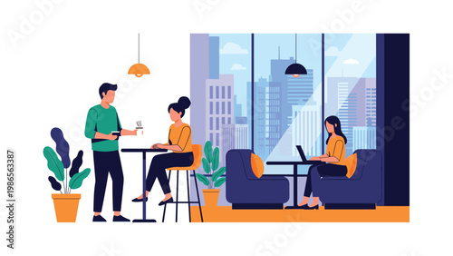 Modern cafe interior with people working on laptops and drinking coffee in front of large windows showing a city skyline.