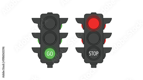 Two traffic lights side by side displaying green go and red stop signals for clear transportation guidance and instructions.