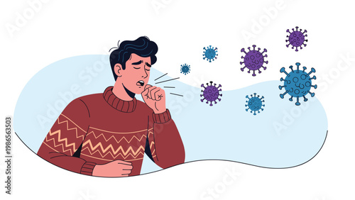 Illustration of a man coughing into his hand while virus molecules spread in the air representing the spread of infection.