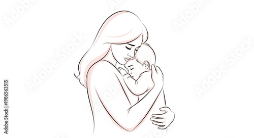 A touching line art illustration of a mother's gentle embrace with her newborn baby, beautifully capturing the tender bond, unconditional love, and comforting connection of early parenthood