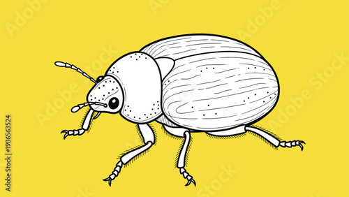 Detailed line art illustration of a beetle insect on a bright yellow background for nature and biology education materials.