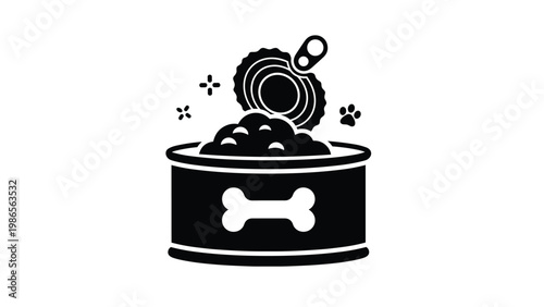 Minimalist black icon of an open can of pet food with a bone symbol on the front and stars representing quality nutrition.