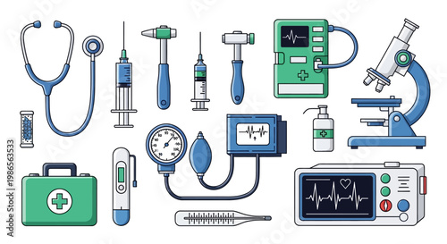 Diverse Medical Healthcare Equipment Set: Stethoscope, Syringe, Microscope, and ECG Machine in Bright Studio